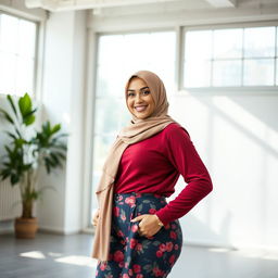 A confident woman wearing a stylish hijab that elegantly frames her face, showcasing her beautiful features