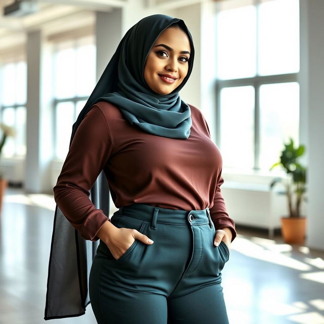 A confident woman wearing a stylish hijab that elegantly frames her face, showcasing her beautiful features