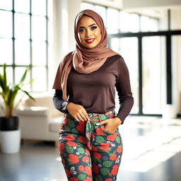 A confident woman wearing a stylish hijab that elegantly frames her face, showcasing her beautiful features