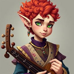 A Tiefling bard with vibrant, curly hair and striking green eyes, depicted without any background