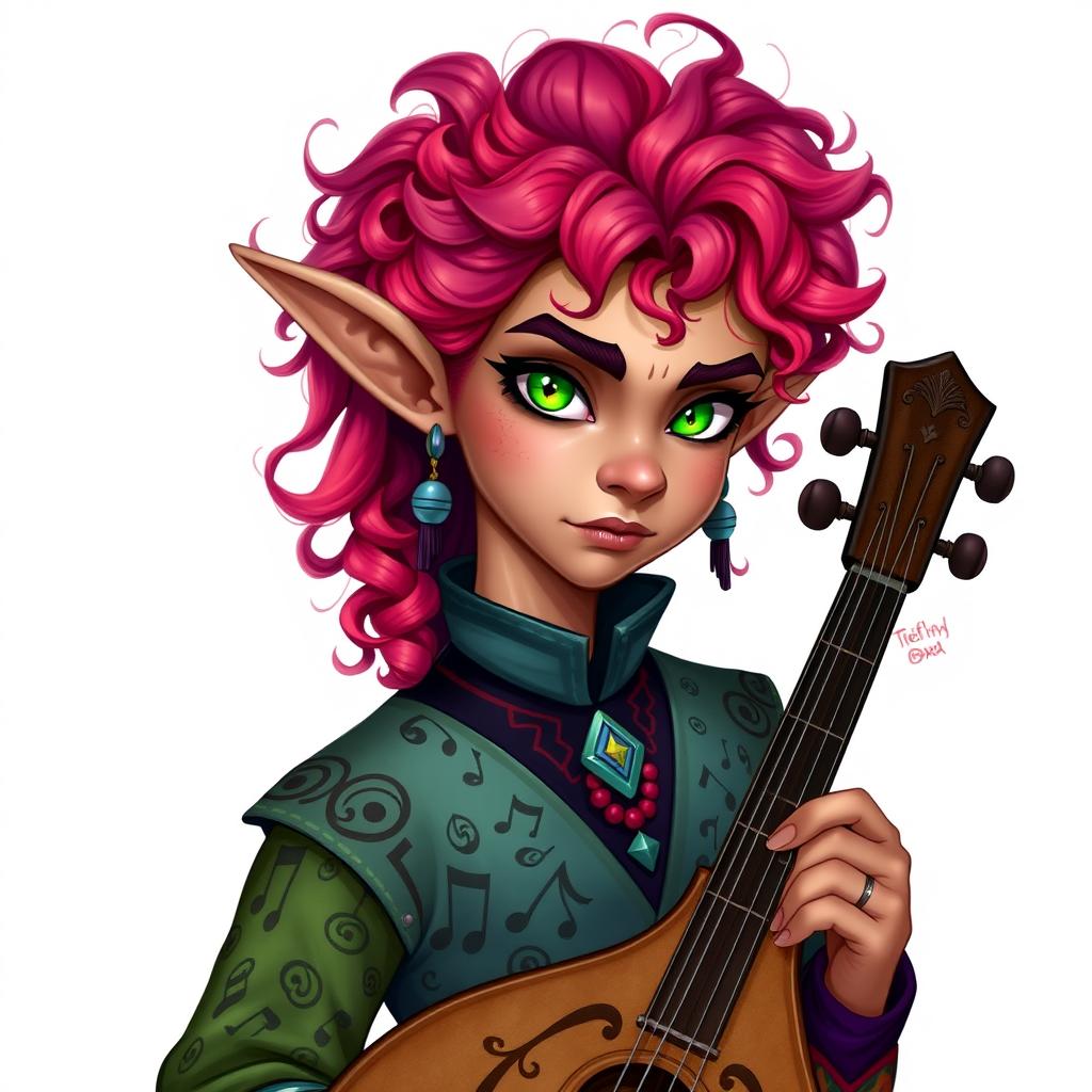 A Tiefling bard with vibrant, curly hair and striking green eyes, depicted without any background