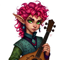 A Tiefling bard with vibrant, curly hair and striking green eyes, depicted without any background