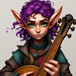 A Tiefling bard with vibrant, curly hair and striking green eyes, depicted without any background