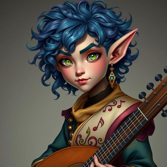 A Tiefling bard with vibrant, curly hair and striking green eyes, depicted without any background