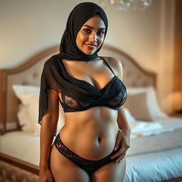 A confident woman wearing a stylish hijab, gracefully posing in elegant lingerie that complements her curves, particularly focusing on her voluptuous figure