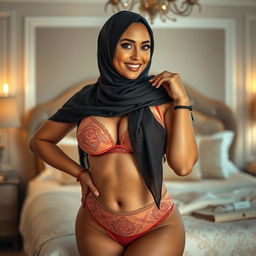 A confident woman wearing a stylish hijab, gracefully posing in elegant lingerie that complements her curves, particularly focusing on her voluptuous figure