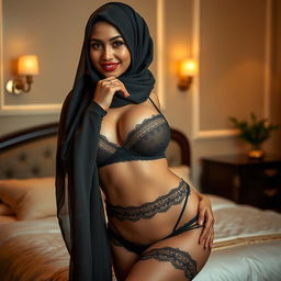 A confident woman wearing a stylish hijab, gracefully posing in elegant lingerie that complements her curves, particularly focusing on her voluptuous figure
