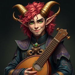 A male Tiefling bard with vibrant, curly hair and striking green eyes, depicted without any background