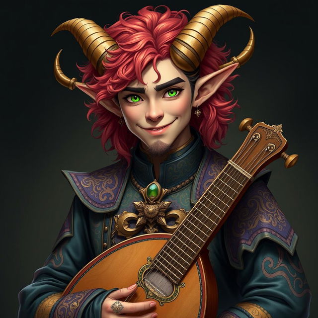 A male Tiefling bard with vibrant, curly hair and striking green eyes, depicted without any background