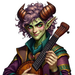 A male Tiefling bard with vibrant, curly hair and striking green eyes, depicted without any background