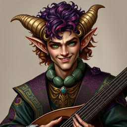 A male Tiefling bard with vibrant, curly hair and striking green eyes, depicted without any background