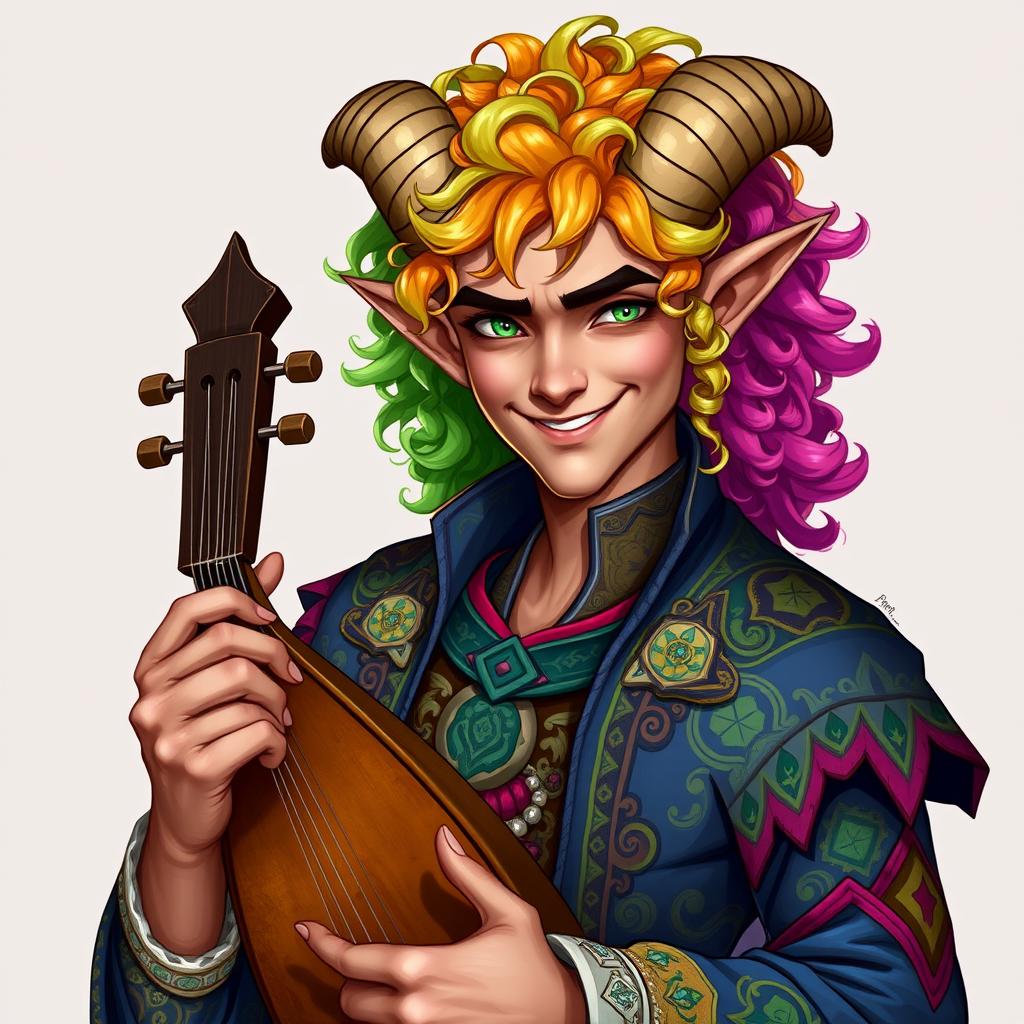 A male Tiefling bard with vibrant, curly hair and striking green eyes, depicted without any background