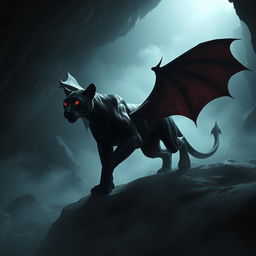 A sleek black panther with leathery bat wings and glowing red eyes prowling in a misty cave