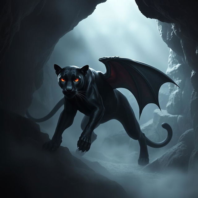 A sleek black panther with leathery bat wings and glowing red eyes prowling in a misty cave