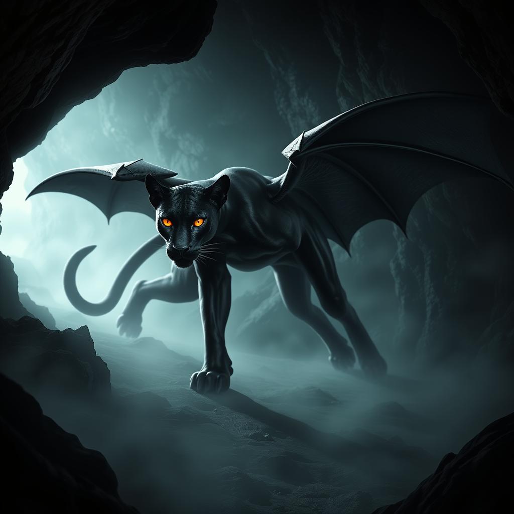 A sleek black panther with leathery bat wings and glowing red eyes prowling in a misty cave