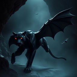 A sleek black panther with leathery bat wings and glowing red eyes prowling in a misty cave