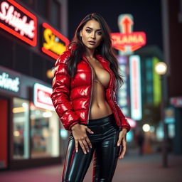 An attractive slim woman with large breasts, posed in a shiny red tight puffer jacket that emphasizes her silhouette and black latex leggings that hug her legs
