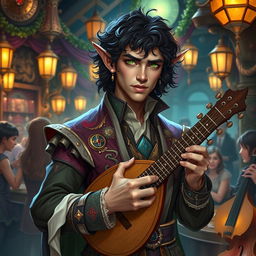 A male Tiefling bard with dark, curly hair and captivating green eyes, set against a vibrant background scenery of a lively tavern
