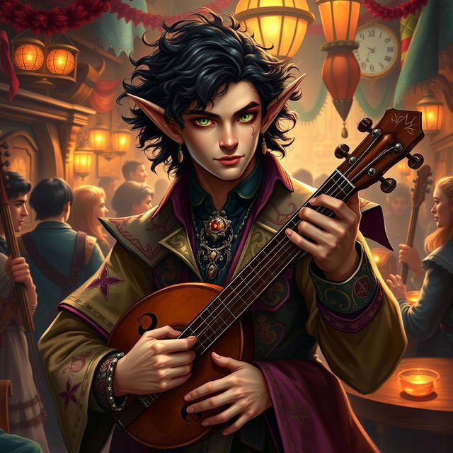 A male Tiefling bard with dark, curly hair and captivating green eyes, set against a vibrant background scenery of a lively tavern