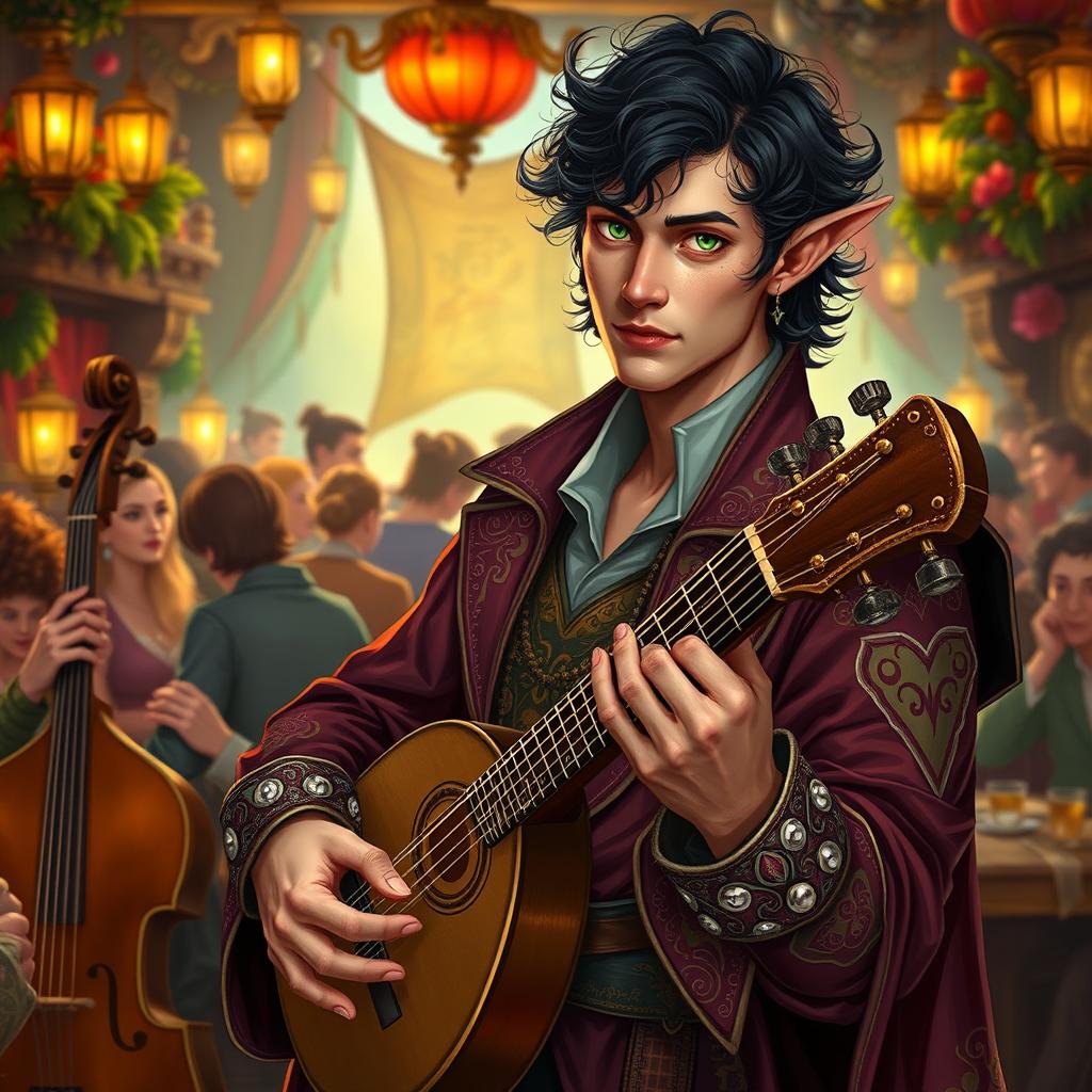 A male Tiefling bard with dark, curly hair and captivating green eyes, set against a vibrant background scenery of a lively tavern