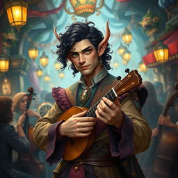 A male Tiefling bard with dark, curly hair and captivating green eyes, set against a vibrant background scenery of a lively tavern