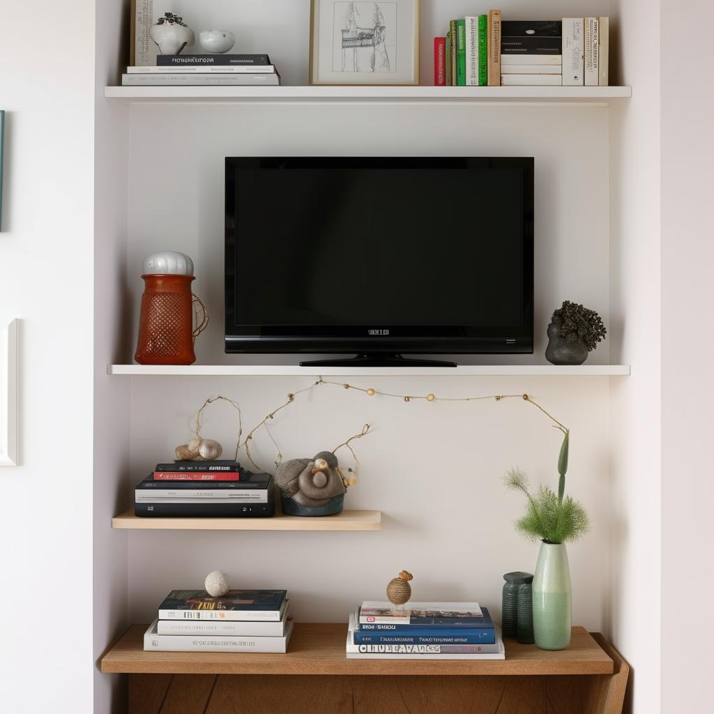 A cozy TV corner in a small space, featuring a lower section with a TV stand and decorative elements, paired with a creative upper section with mounted shelves brimming with personal touches.