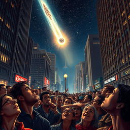 A vibrant city street scene at night filled with a diverse crowd of people, all gazing up in a mix of fear and awe as a bright asteroid streaks across the starry sky