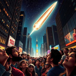 A vibrant city street scene at night filled with a diverse crowd of people, all gazing up in a mix of fear and awe as a bright asteroid streaks across the starry sky