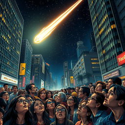 A vibrant city street scene at night filled with a diverse crowd of people, all gazing up in a mix of fear and awe as a bright asteroid streaks across the starry sky