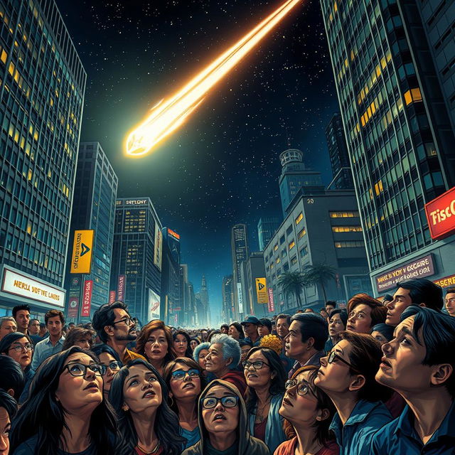 A vibrant city street scene at night filled with a diverse crowd of people, all gazing up in a mix of fear and awe as a bright asteroid streaks across the starry sky