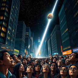 A vibrant city street scene at night filled with a diverse crowd of people, all gazing up in a mix of fear and awe as a bright asteroid streaks across the starry sky