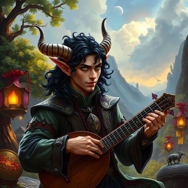 A male Tiefling bard with prominent horns, curly dark hair, and alluring green eyes, set against a rich background scenery of a vibrant fantasy landscape