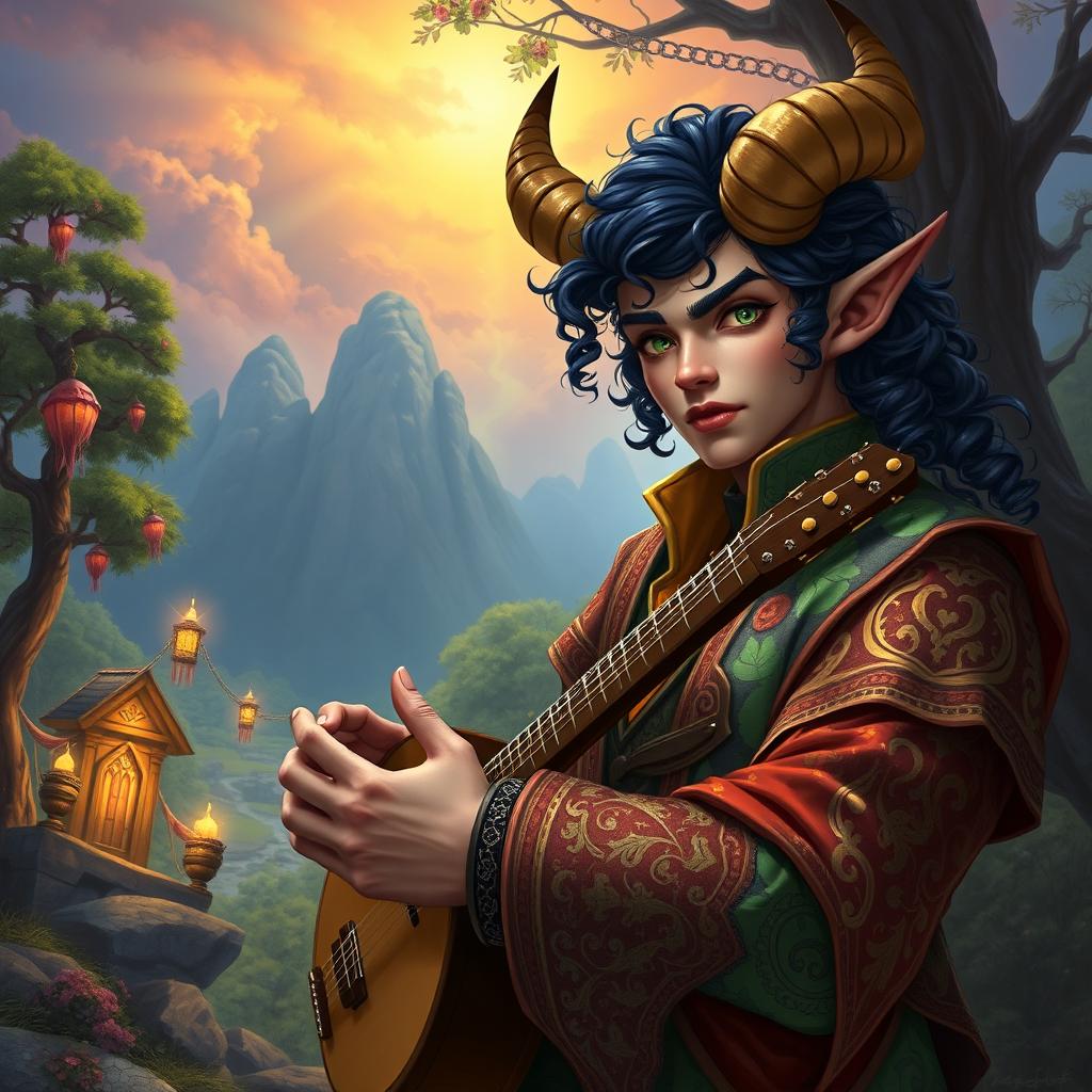 A male Tiefling bard with prominent horns, curly dark hair, and alluring green eyes, set against a rich background scenery of a vibrant fantasy landscape