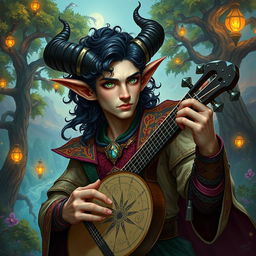 A male Tiefling bard with prominent horns, curly dark hair, and alluring green eyes, set against a rich background scenery of a vibrant fantasy landscape
