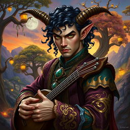 A male Tiefling bard with prominent horns, curly dark hair, and alluring green eyes, set against a rich background scenery of a vibrant fantasy landscape