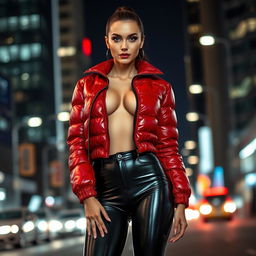 A stunning slim woman with prominent breasts, exuding confidence while wearing a shiny red tight puffer jacket that accentuates her figure and black latex leggings that cling to her legs