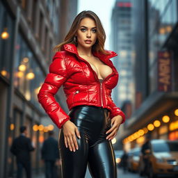 A stunning slim woman with prominent breasts, exuding confidence while wearing a shiny red tight puffer jacket that accentuates her figure and black latex leggings that cling to her legs