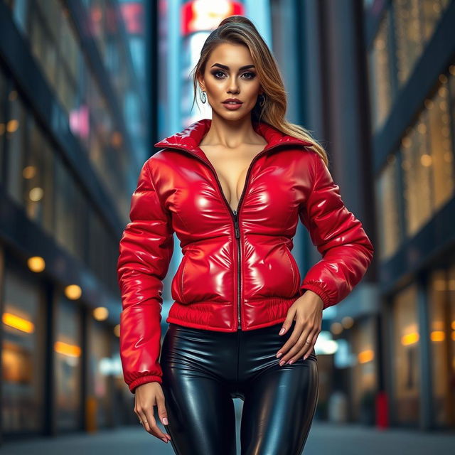 A stunning slim woman with prominent breasts, exuding confidence while wearing a shiny red tight puffer jacket that accentuates her figure and black latex leggings that cling to her legs