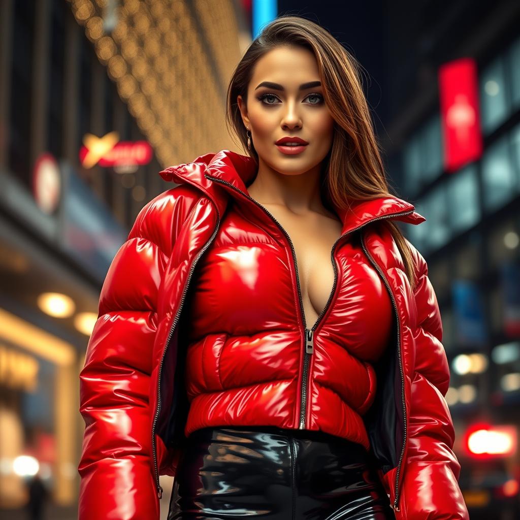 A stunning slim woman with prominent breasts, exuding confidence while wearing a shiny red tight puffer jacket that accentuates her figure and black latex leggings that cling to her legs