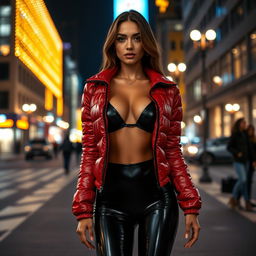 A seductive slim woman with prominent breasts, confidently posing in a shiny red tight puffer jacket that beautifully contours her body and black latex leggings that fit snugly, highlighting her curves