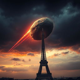 An asteroid hurtling toward the iconic Eiffel Tower, prominently featured in the foreground, symbolizing the impending disaster