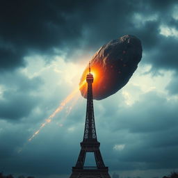 An asteroid hurtling toward the iconic Eiffel Tower, prominently featured in the foreground, symbolizing the impending disaster