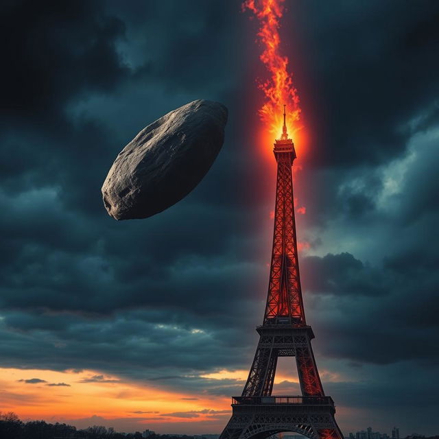 An asteroid hurtling toward the iconic Eiffel Tower, prominently featured in the foreground, symbolizing the impending disaster