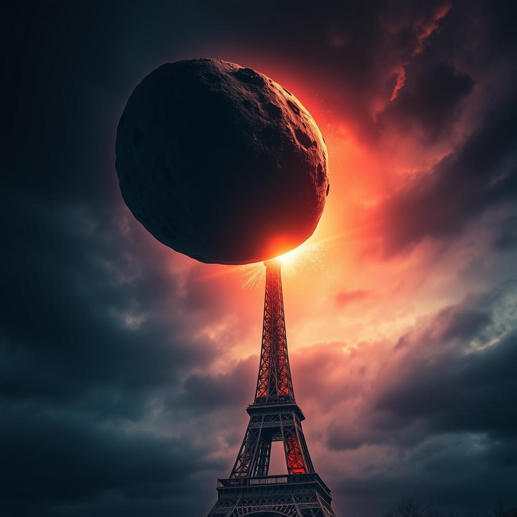 An asteroid hurtling toward the iconic Eiffel Tower, prominently featured in the foreground, symbolizing the impending disaster