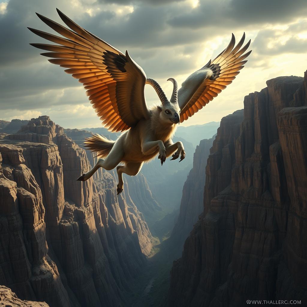 A fantastical creature that is a hybrid of a goat and a falcon, featuring majestic falcon wings and a sharp beak, leaping dynamically across a rocky canyon