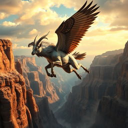 A fantastical creature that is a hybrid of a goat and a falcon, featuring majestic falcon wings and a sharp beak, leaping dynamically across a rocky canyon