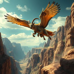 A fantastical creature that is a hybrid of a goat and a falcon, featuring majestic falcon wings and a sharp beak, leaping dynamically across a rocky canyon