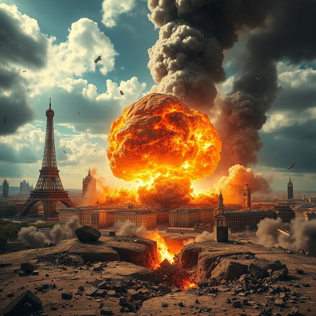 A colossal explosion occurring as an asteroid impacts the ground near a famous landmark, such as the Eiffel Tower or a historic cityscape