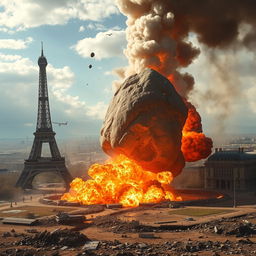 A colossal explosion occurring as an asteroid impacts the ground near a famous landmark, such as the Eiffel Tower or a historic cityscape