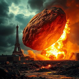 A colossal explosion occurring as an asteroid impacts the ground near a famous landmark, such as the Eiffel Tower or a historic cityscape